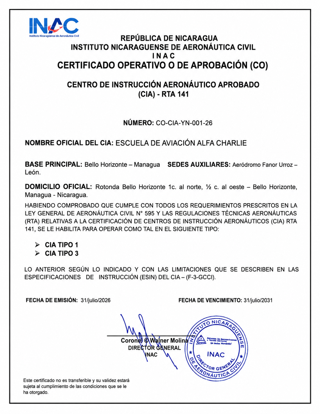 Certificación Alpha Charlie Escuela de Aviación